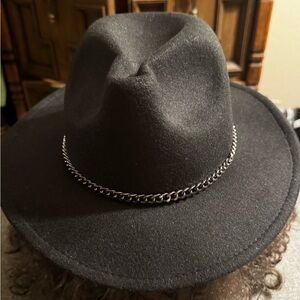 Classic Black & red Felt Fedora with Silver Chain Accent